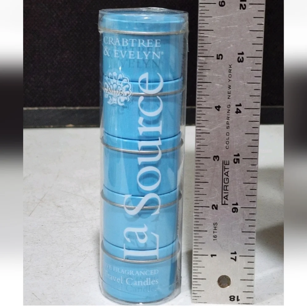 New Vintage Crabtree & Evelyn La Source Blue Travel Candle Set 5 Scented Candles